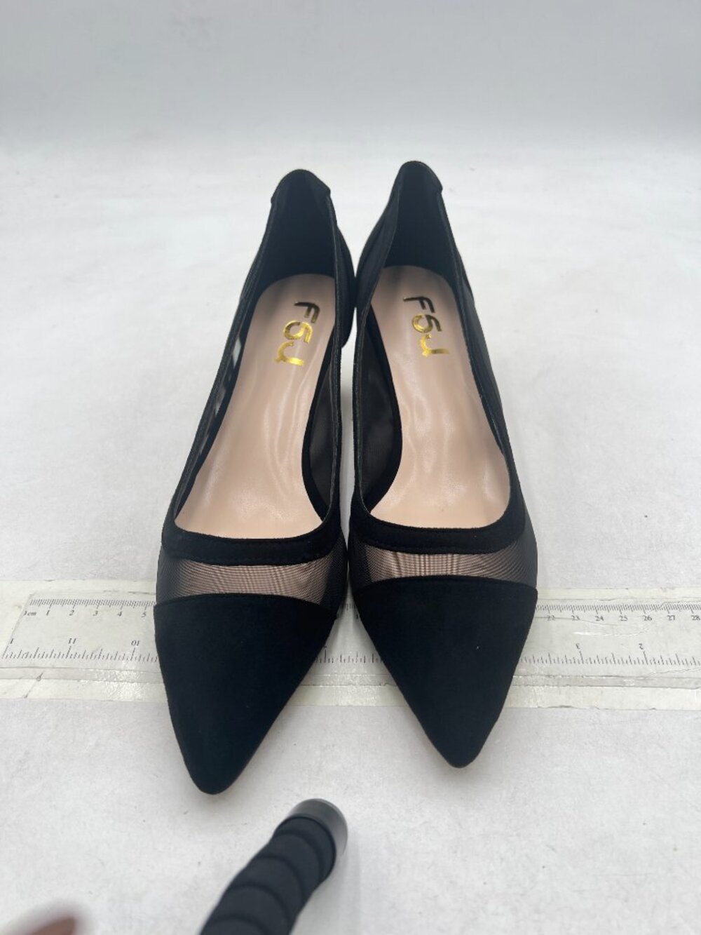 FSJ Black Mesh Pointed Toe Chunky Low Heel Crystal Pumps Slip on Wedding Shoes - Picture 3 of 8